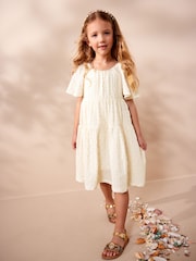 Ecru White Jersey Textured Angel Sleeve Dress (3-16yrs) - Image 1 of 7