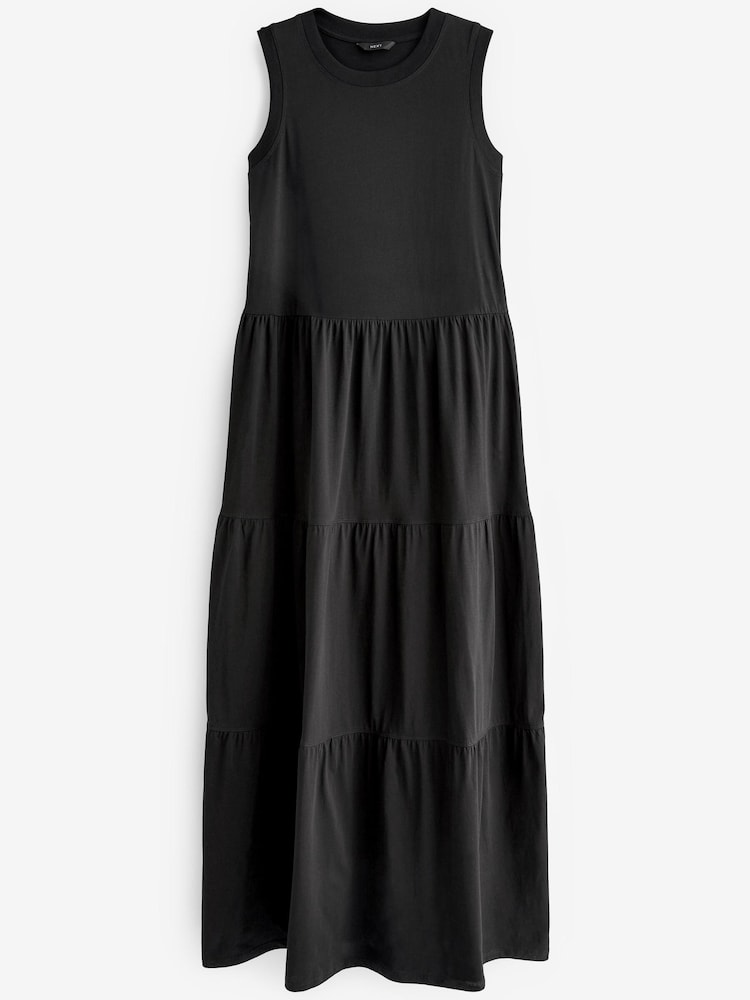 Black Sleeveless Crew Neck Tiered Summer Maxi Dress - Image 1 of 1
