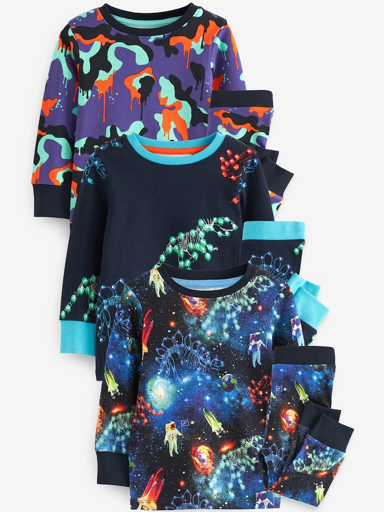 Navy Blue/Purple Space Dinosaur Long Sleeve 3 Pack Pyjamas Set (9mths-8yrs) - Image 1 of 6