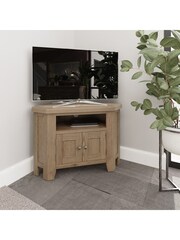 K Interiors Smoked Oak Embleton Solid Wood Corner TV Unit - Image 1 of 6