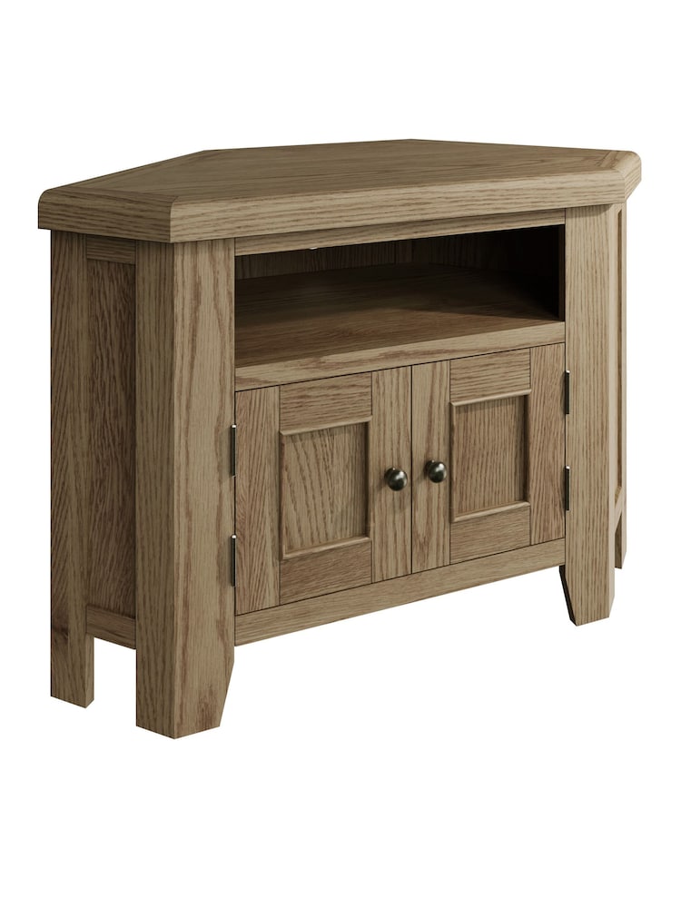 K Interiors Smoked Oak Embleton Solid Wood Corner TV Unit - Image 2 of 6