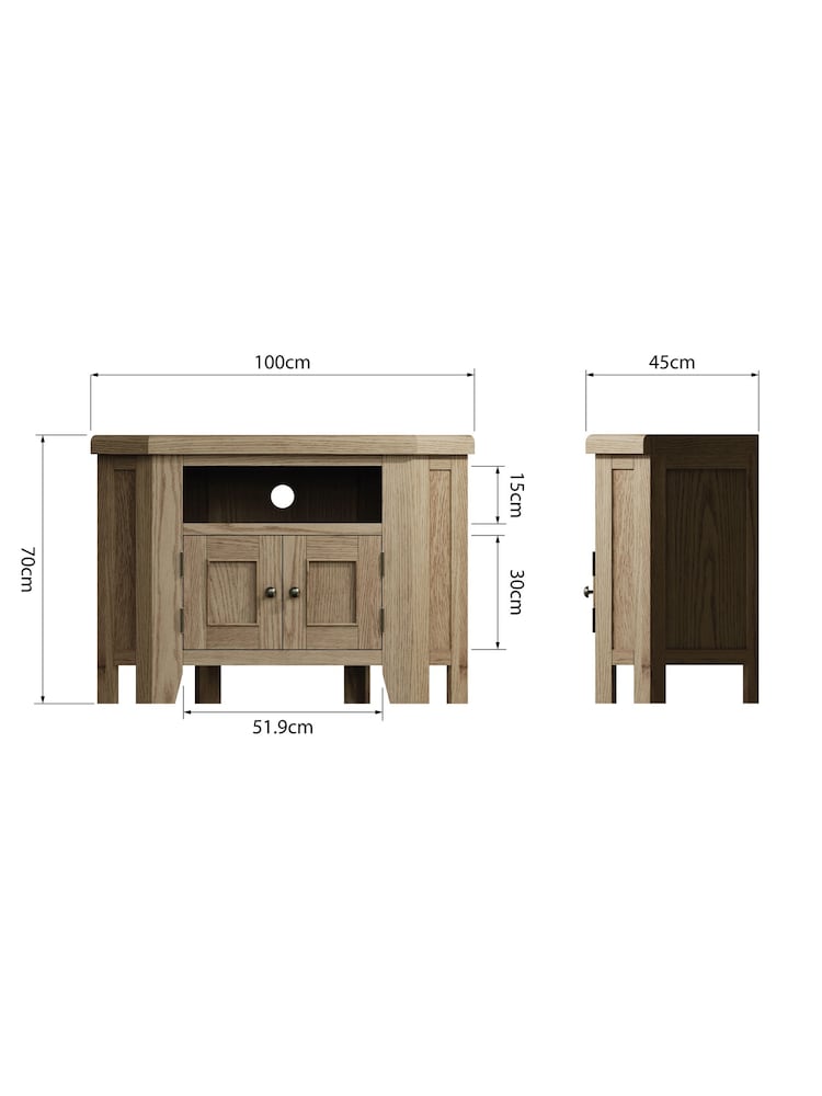 K Interiors Smoked Oak Embleton Solid Wood Corner TV Unit - Image 6 of 6