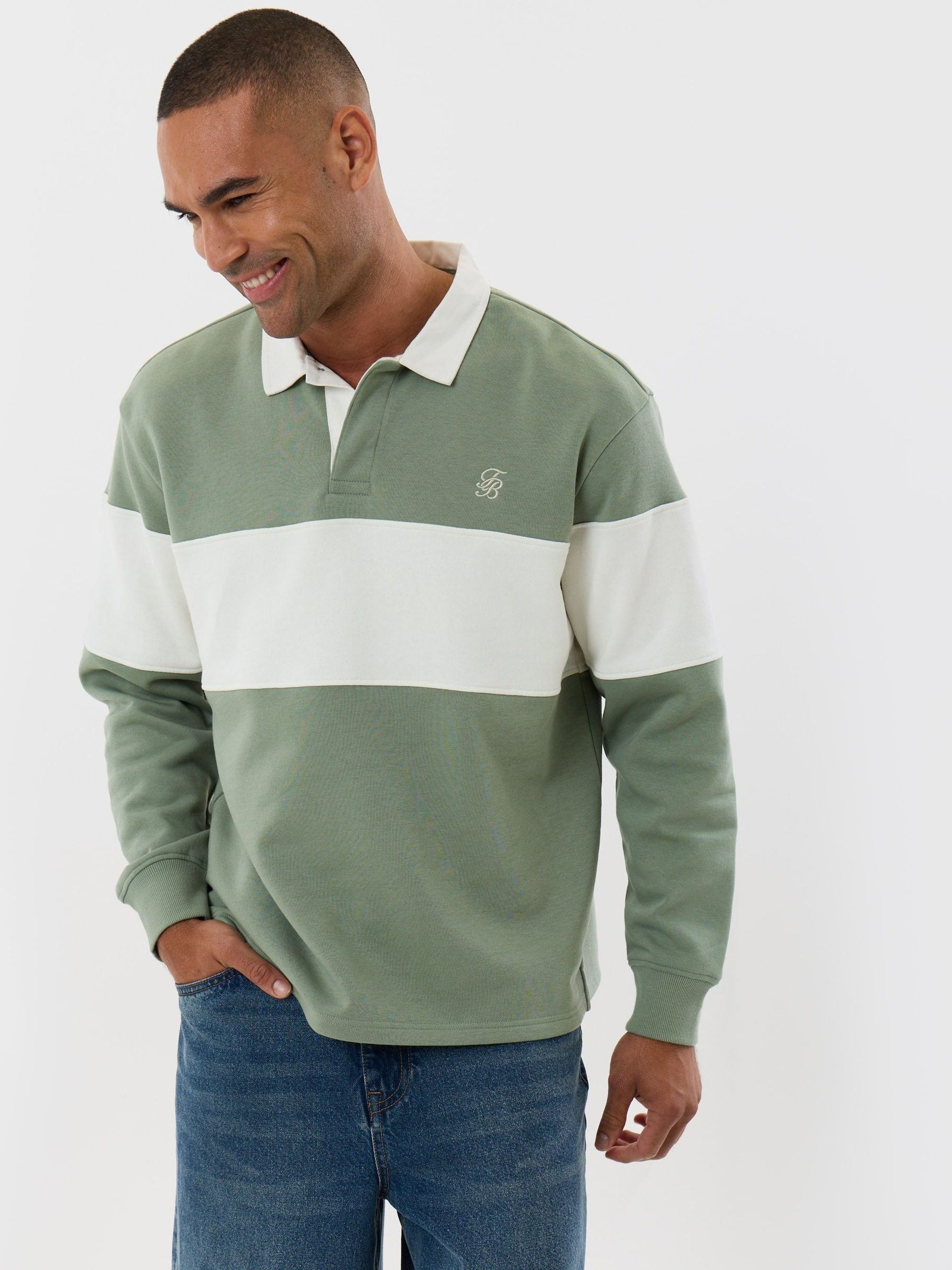 Threadbare Men's Green Relaxed Fit Cotton Rich Rugby Polo In Sage & Ecru Stripe - Image 2
