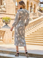 Sosandar Black Geometric Print Satin Wrap Dress - Image 2 of 5