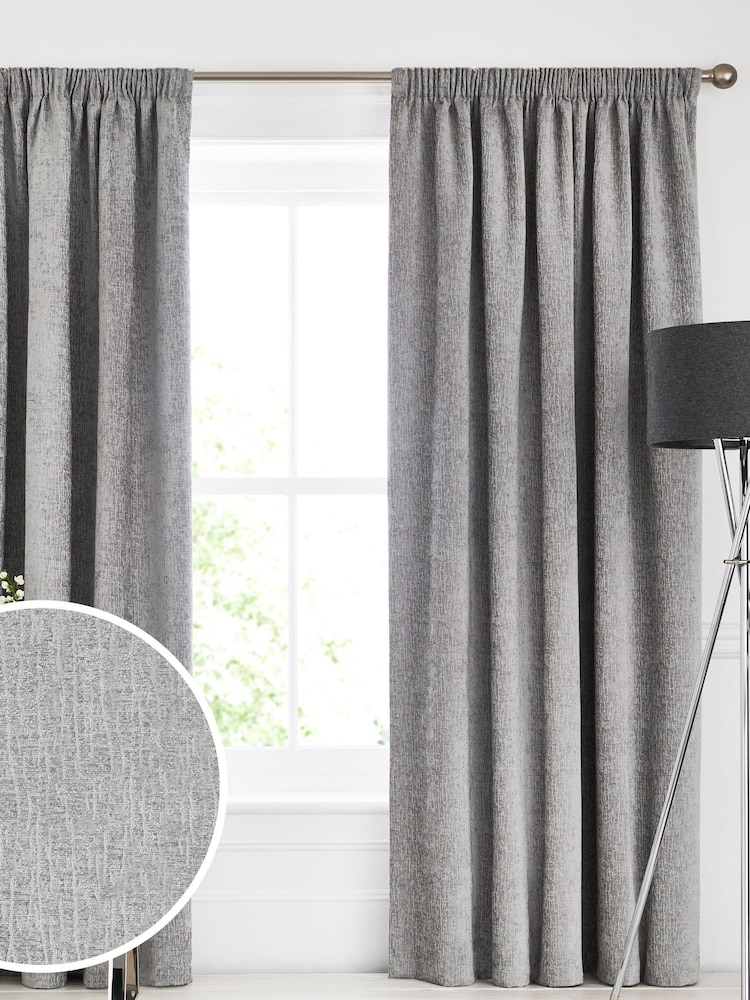 Grey Silver Heavyweight Chenille Pencil Pleat Lined Curtains - Image 2 of 6