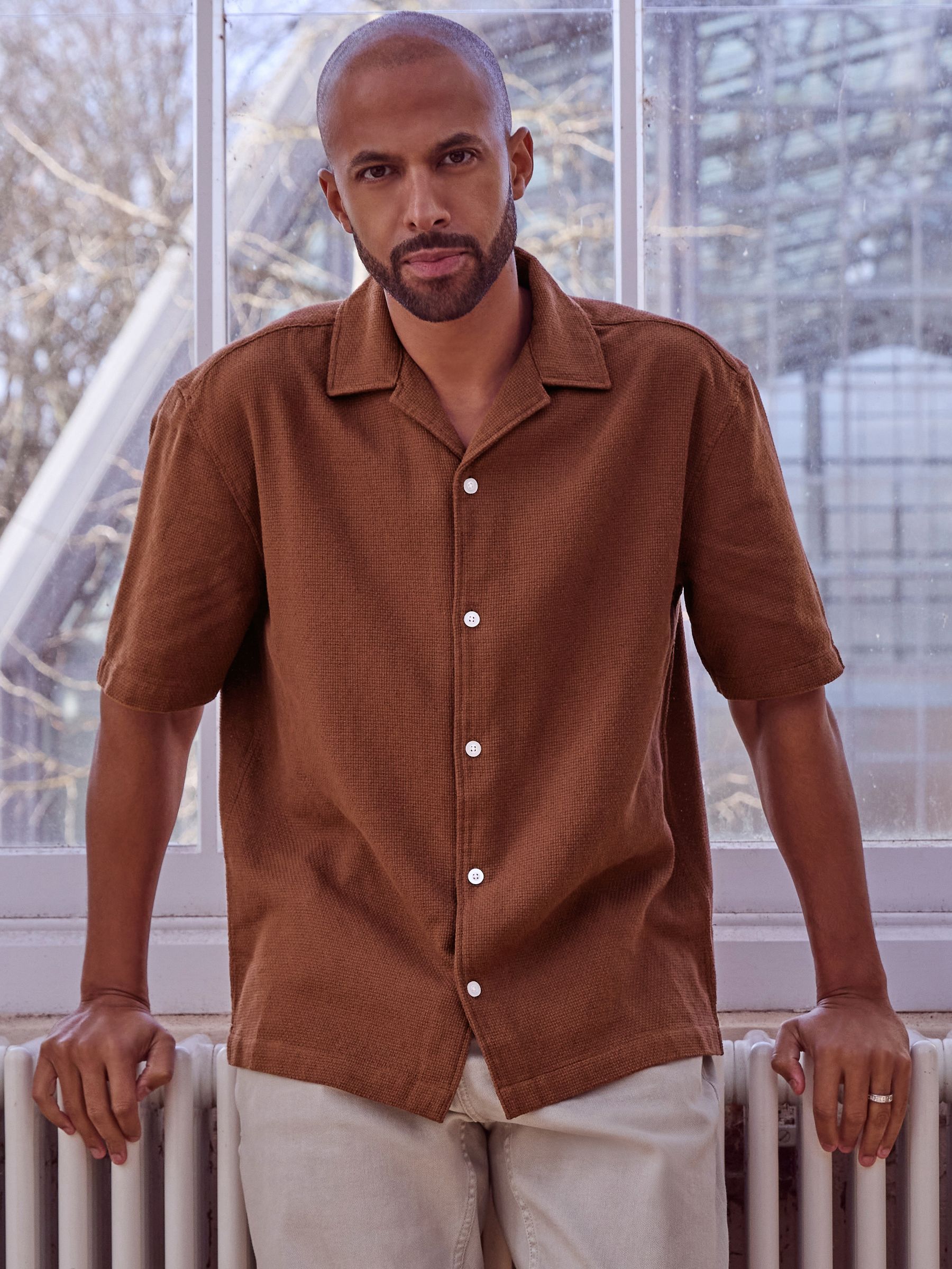 Buy Brown Textured Short Sleeve Cuban Collar Shirt from Next