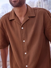 Brown Textured Short Sleeve Cuban Collar Shirt - Image 4 of 7