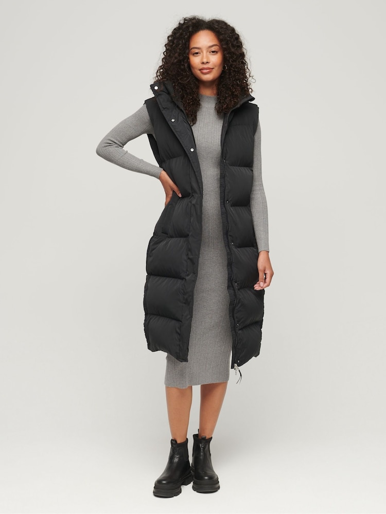 Superdry Black Longline Hooded Puffer 100% Cotton Gilet - Image 1 of 5