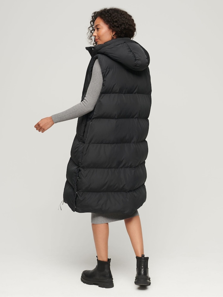 Superdry Black Longline Hooded Puffer 100% Cotton Gilet - Image 2 of 5