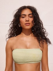 White/Green Gingham Shirred Bandeau Bikini Top - Image 1 of 5