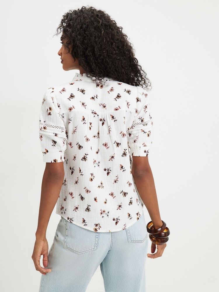 River Island Cream Floral Textured Pintuck Blouse - Image 2 of 4 River Island Cream Floral Textured Pintuck Blouse - Image 2 of 4