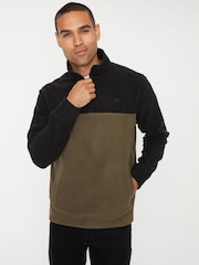 Threadbare Black / Khaki Two Tone Quarter Zip Fleece Jumper - Image 1 of 4