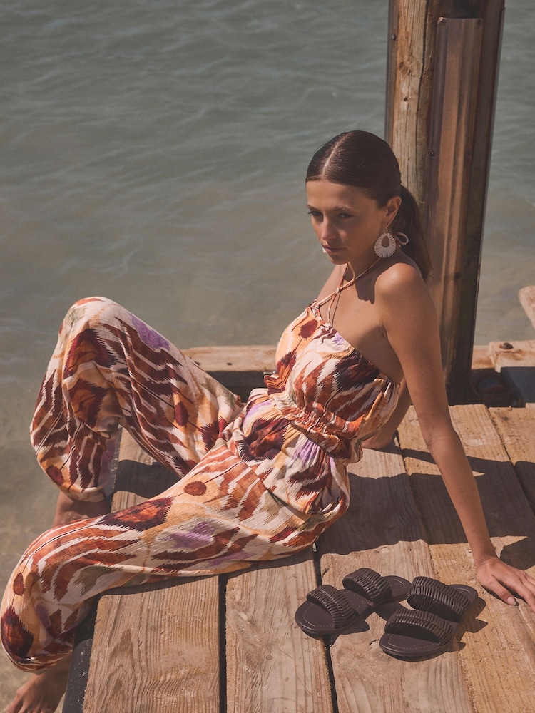 Ikat Print Multiway Halter-Tie Bandeau Wide Leg Jumpsuit - Image 2 of 6