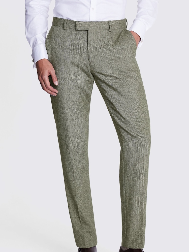 MOSS Sage Green Herringbone Tweed Skinny Fit Suit Trousers - Image 1 of 4