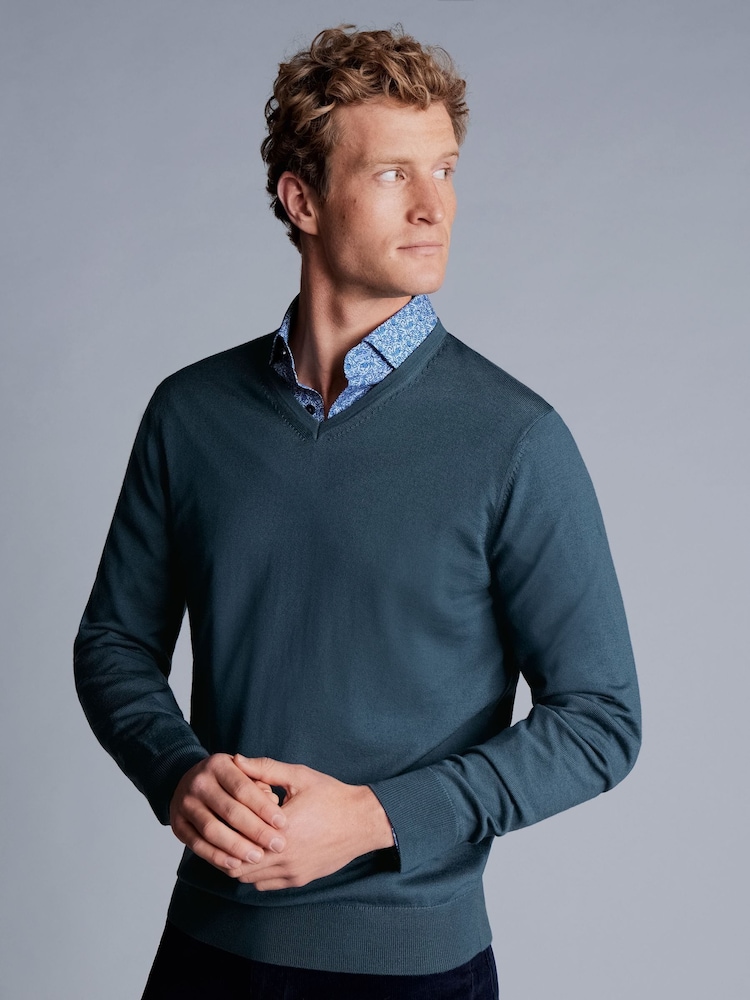 Charles Tyrwhitt Dark Blue Pure Merino V-Neck Jumper - Image 1 of 4