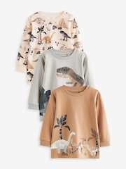 Neutral Dinosaur 100% Cotton Long Sleeve Animal Print Character T-Shirts 3 Pack (3mths-7yrs) - Image 1 of 1