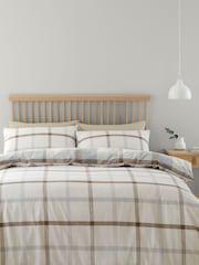 Catherine Lansfield Natural Brushed 100% Cotton Check Reversible Duvet Cover Set - Image 2 of 4