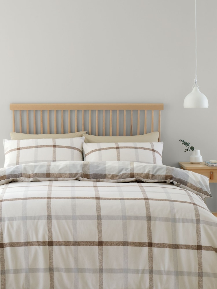 Catherine Lansfield Natural Brushed 100% Cotton Check Reversible Duvet Cover Set - Image 2 of 4