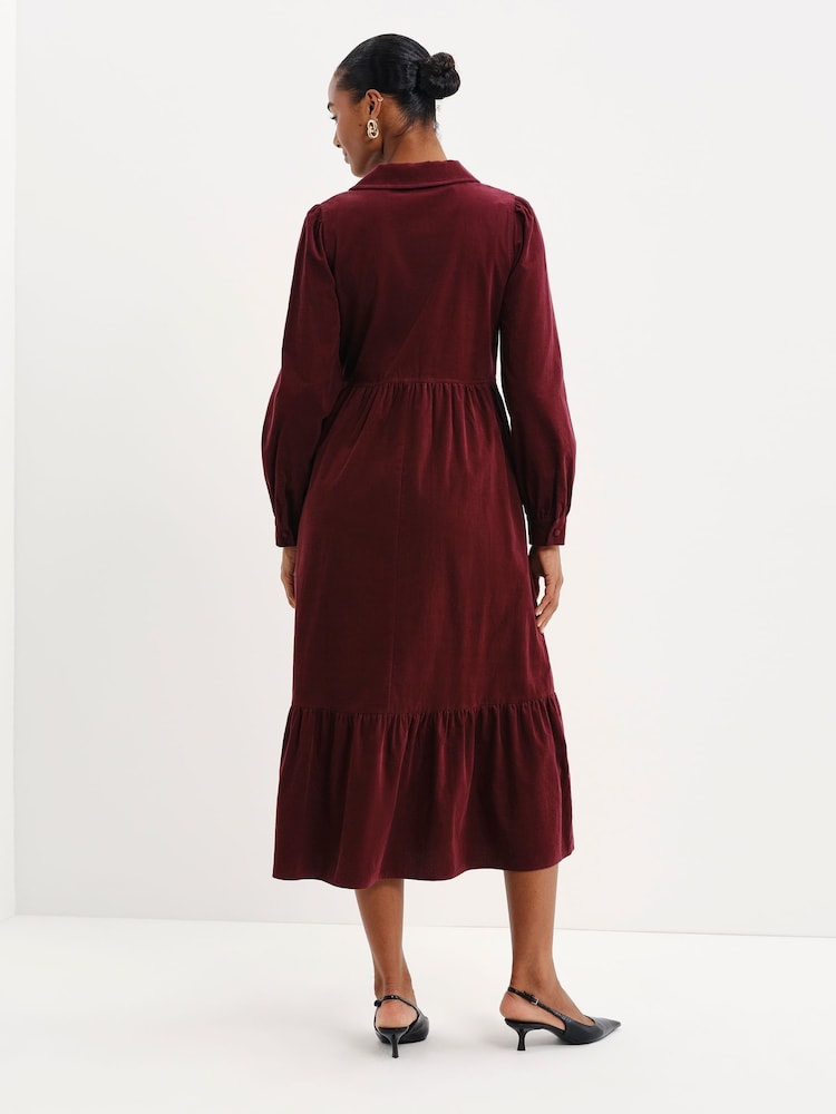 Finery Red Callie Corduroy Long Sleeve Midi Dress - Image 2 of 5