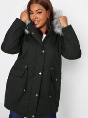 Yours Curve Black Faux Fur Trim Parka Coat - Image 1 of 4
