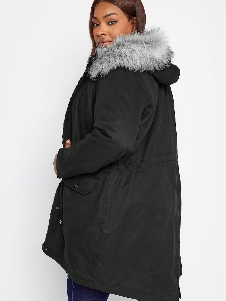 Yours Curve Black Faux Fur Trim Parka Coat - Image 2 of 4