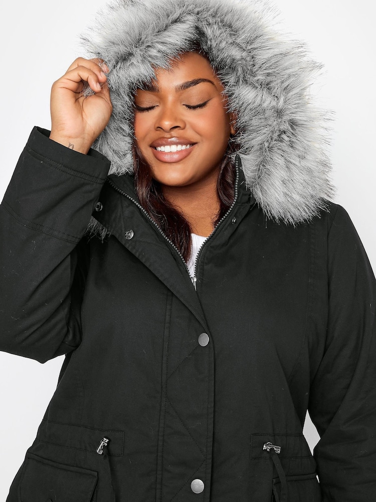 Yours Curve Black Faux Fur Trim Parka Coat - Image 4 of 4