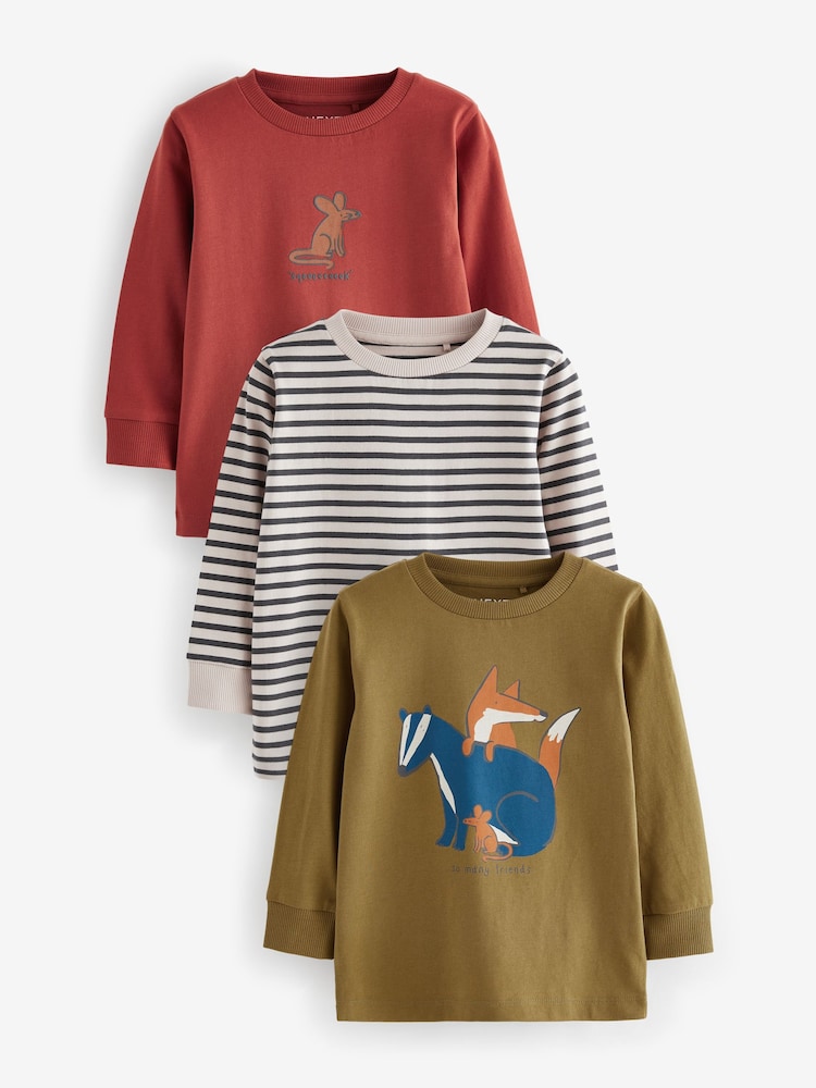 Rot/Grün mit Waldtiermotiven - Langarm-T-Shirts mit Tiermotiv, 3er-Pack (3 M.–7 J.) - Bild 1 von 6
