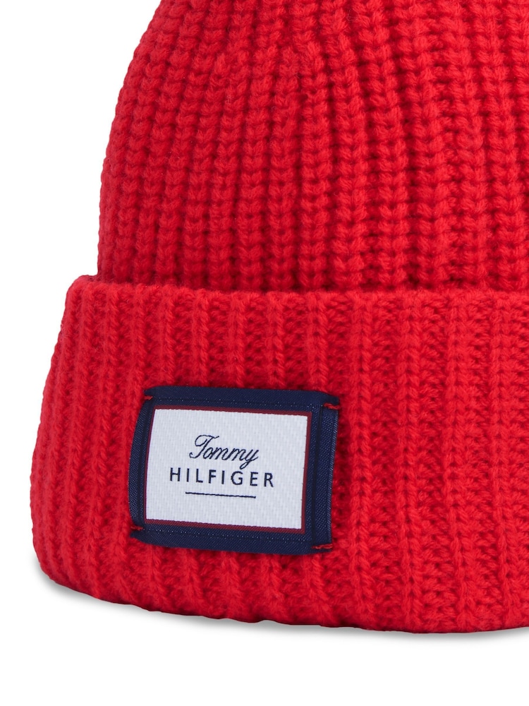 Tommy Hilfiger Red Pure Wool Chunky Rib-Knit Beanie - Image 3 of 3