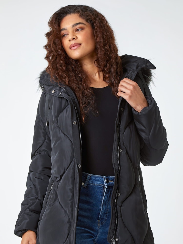 Roman Black Quilted Faux Fur Hooded Coat - Image 1 of 5