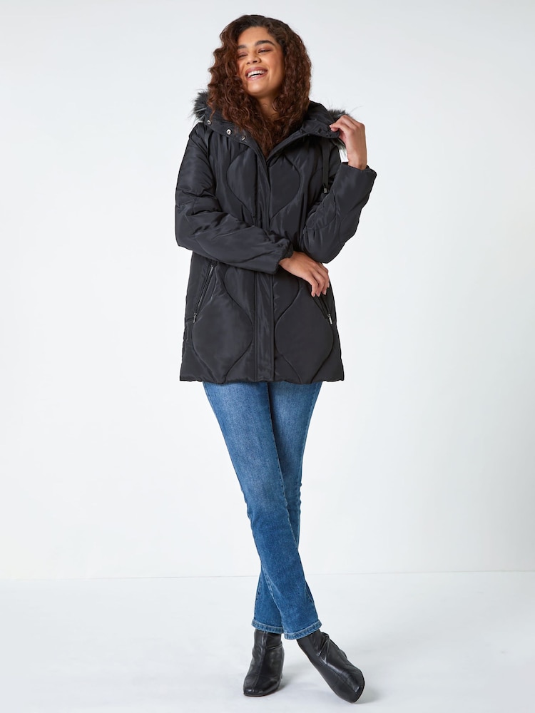Roman Black Quilted Faux Fur Hooded Coat - Image 2 of 5