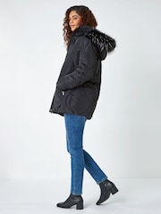 Roman Black Quilted Faux Fur Hooded Coat - Image 3 of 5