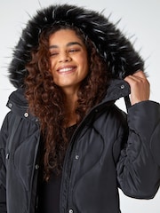 Roman Black Quilted Faux Fur Hooded Coat - Image 4 of 5