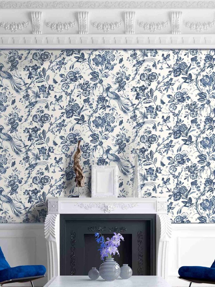 Woodchip & Magnolia Blue Plumage Wallpaper - Image 1 of 3