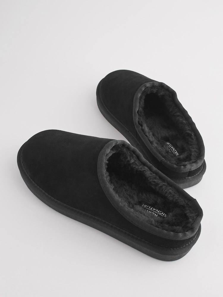 Zwart - Met imitatiebont gevoerde Signature suède pantoffelmuiltjes - Image 3 of 5