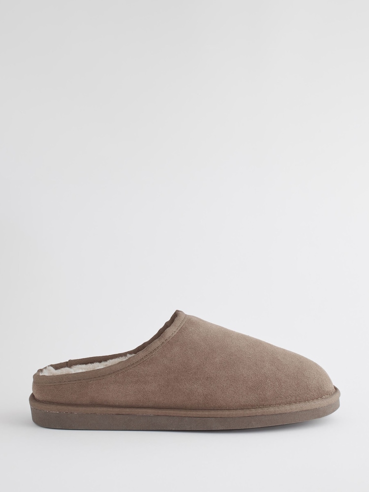 Taupe bruin - Met imitatiebont gevoerde Signature suède pantoffelmuiltjes - Image 3 of 6