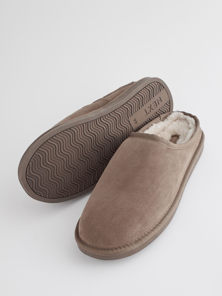 Taupe bruin - Met imitatiebont gevoerde Signature suède pantoffelmuiltjes - Image 5 of 6