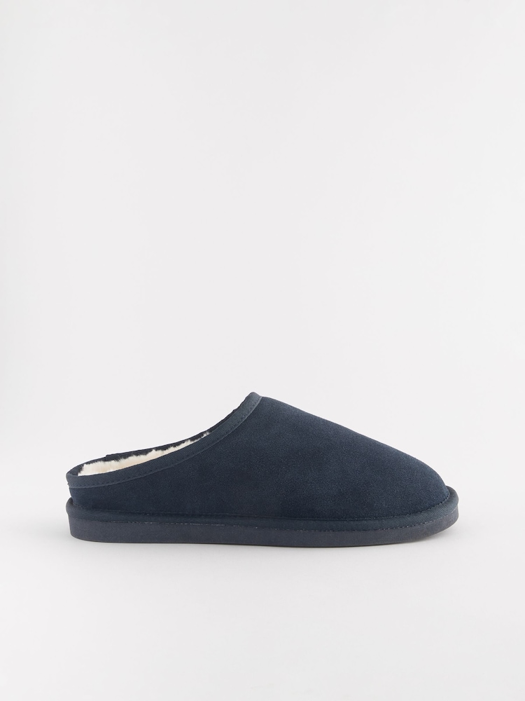 Navy Blue Faux Fur Lined Signature Suede Mule Slippers - Image 3 of 6