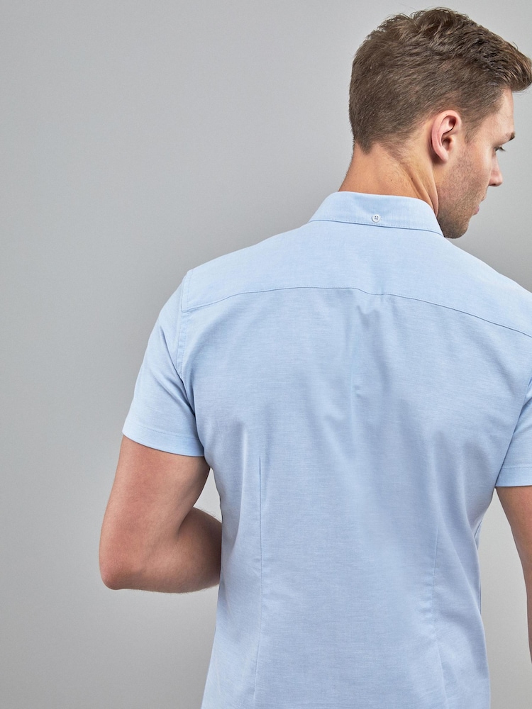 Light Blue Skinny Short Sleeve Stretch Oxford Shirt - Image 2 of 4