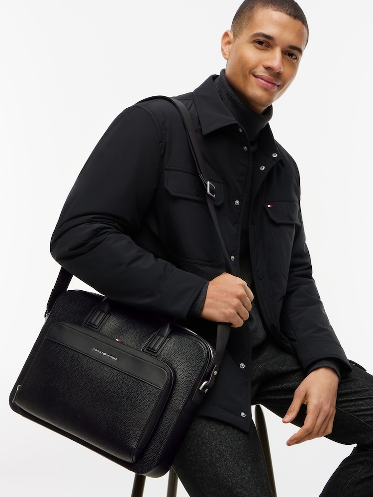 Tommy Hilfiger Black Metal Logo Textured Slim Laptop Bag - Image 1 of 4 Tommy Hilfiger Black Metal Logo Textured Slim Laptop Bag - Image 1 of 4