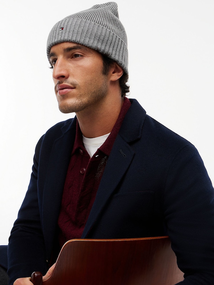 Tommy Hilfiger Grey Flag Embroidery Beanie With Cashmere - Image 1 of 4 Tommy Hilfiger Grey Flag Embroidery Beanie With Cashmere - Image 1 of 4