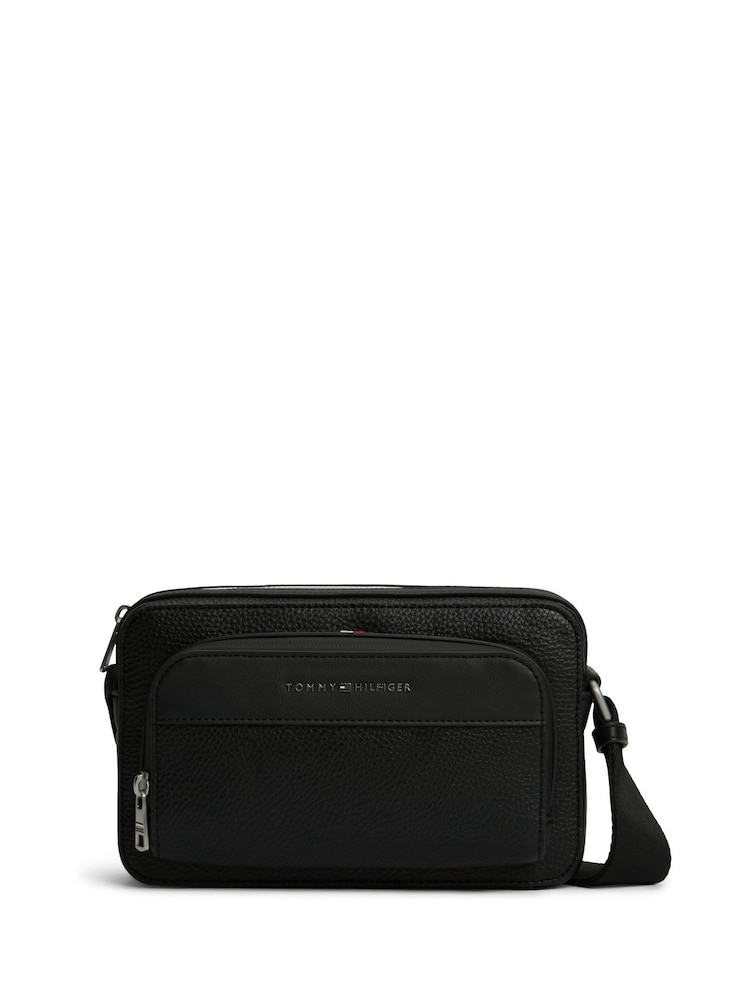 Tommy Hilfiger Black Metal Logo Textured Cross-Body Reporter Bag - Image 1 of 5 Tommy Hilfiger Black Metal Logo Textured Cross-Body Reporter Bag - Image 1 of 5