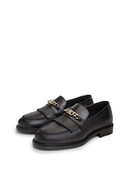 Tommy Hilfiger Black Leather Chain Horsebit Fringe Loafers - Image 3 of 6