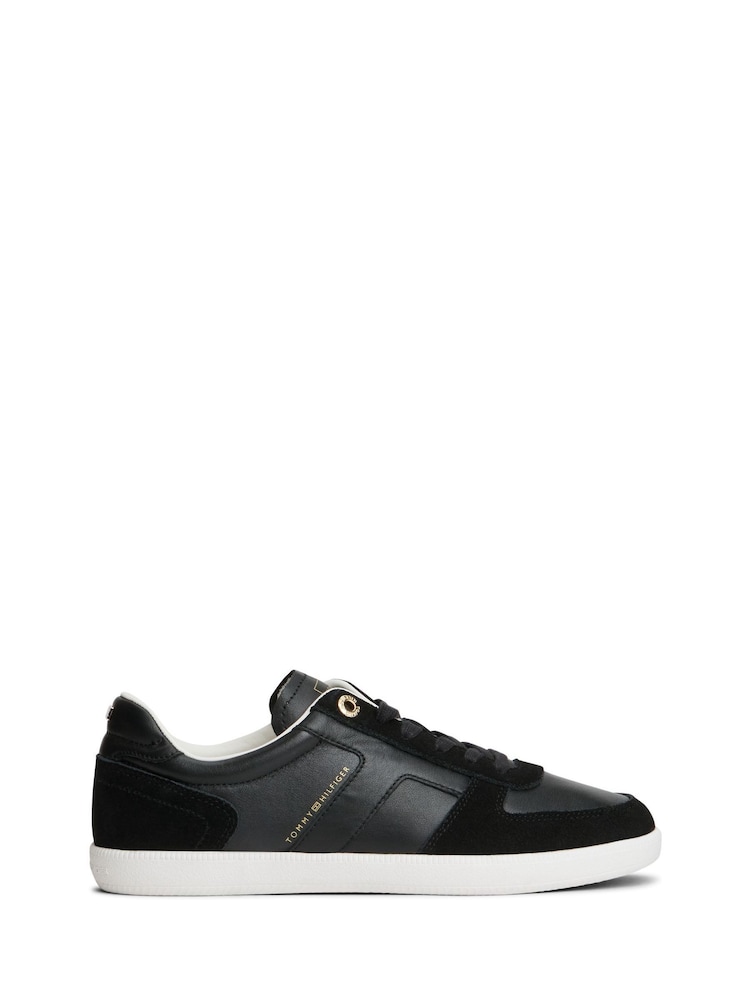 Tommy Hilfiger Black Leather Mixed Texture Enamel Flag Trainers - Image 1 of 6 Tommy Hilfiger Black Leather Mixed Texture Enamel Flag Trainers - Image 1 of 6