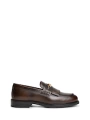 Tommy Hilfiger Brown Leather Chain Horsebit Fringe Loafers - Image 2 of 6