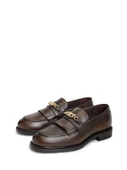 Tommy Hilfiger Brown Leather Chain Horsebit Fringe Loafers - Image 3 of 6