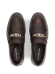 Tommy Hilfiger Brown Leather Chain Horsebit Fringe Loafers - Image 5 of 6