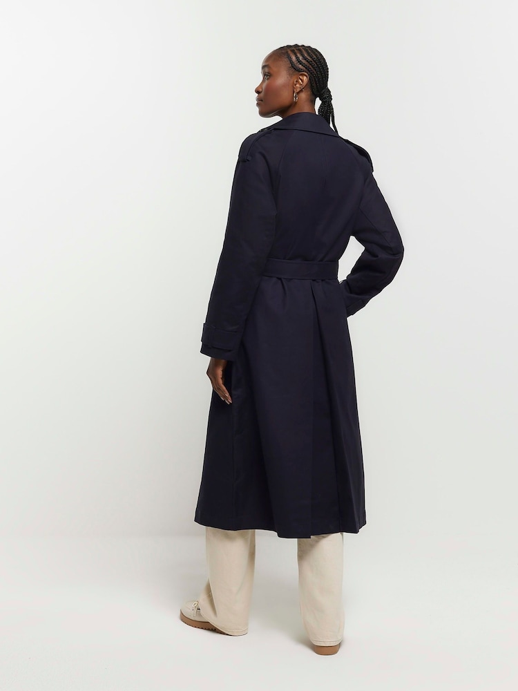 Buy River Island Blue Double Collar Belted Trench Coat from the