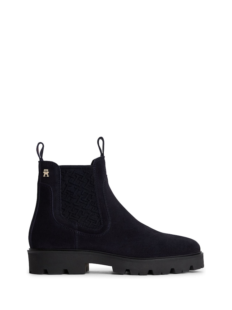 Tommy Hilfiger Blue Suede TH Monogram Panel Chelsea Boots - Image 1 of 6 Tommy Hilfiger Blue Suede TH Monogram Panel Chelsea Boots - Image 1 of 6