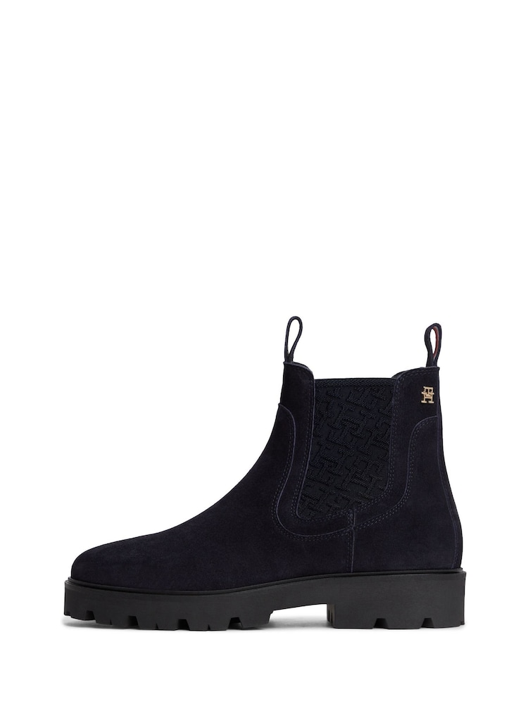 Tommy Hilfiger Blue Suede TH Monogram Panel Chelsea Boots - Image 2 of 6 Tommy Hilfiger Blue Suede TH Monogram Panel Chelsea Boots - Image 2 of 6