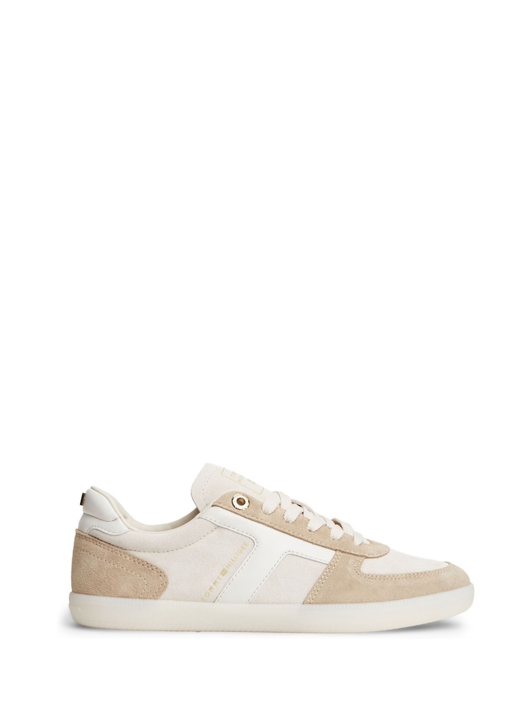 Tommy Hilfiger Cream Suede Mixed Texture Enamel Flag Trainers - Image 1 of 6 Tommy Hilfiger Cream Suede Mixed Texture Enamel Flag Trainers - Image 1 of 6